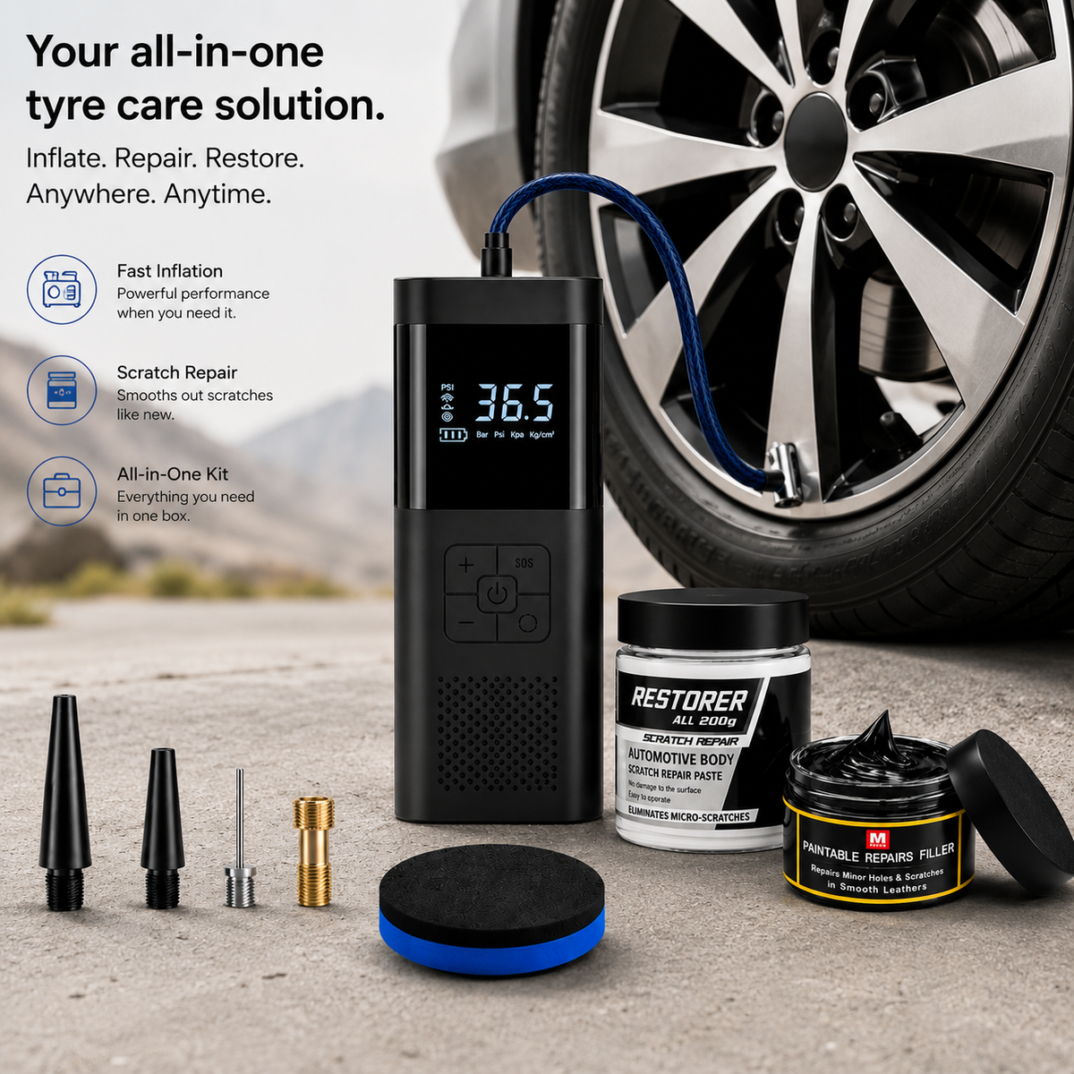 Bundle:  Tyre Inflator + Scratch Remover + Dashboard Repair