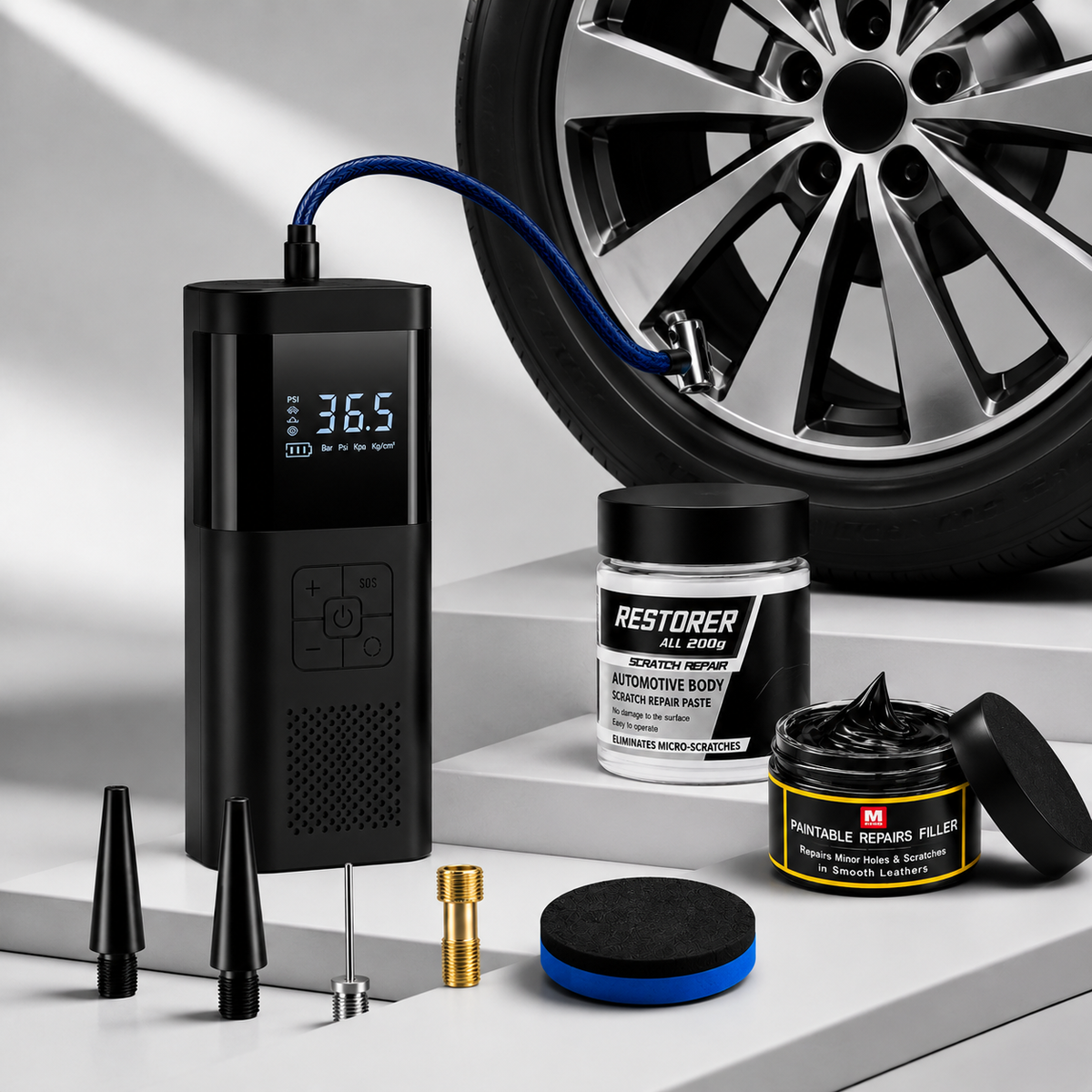 Bundle:  Tyre Inflator + Scratch Remover + Dashboard Repair