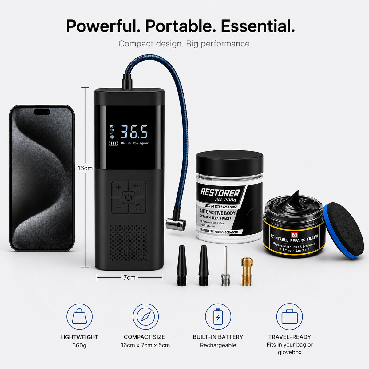 Bundle:  Tyre Inflator + Scratch Remover + Dashboard Repair