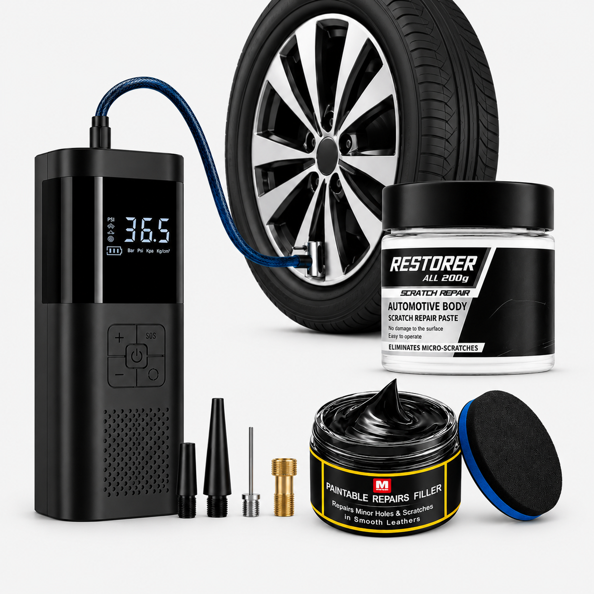 Bundle:  Tyre Inflator + Scratch Remover + Dashboard Repair